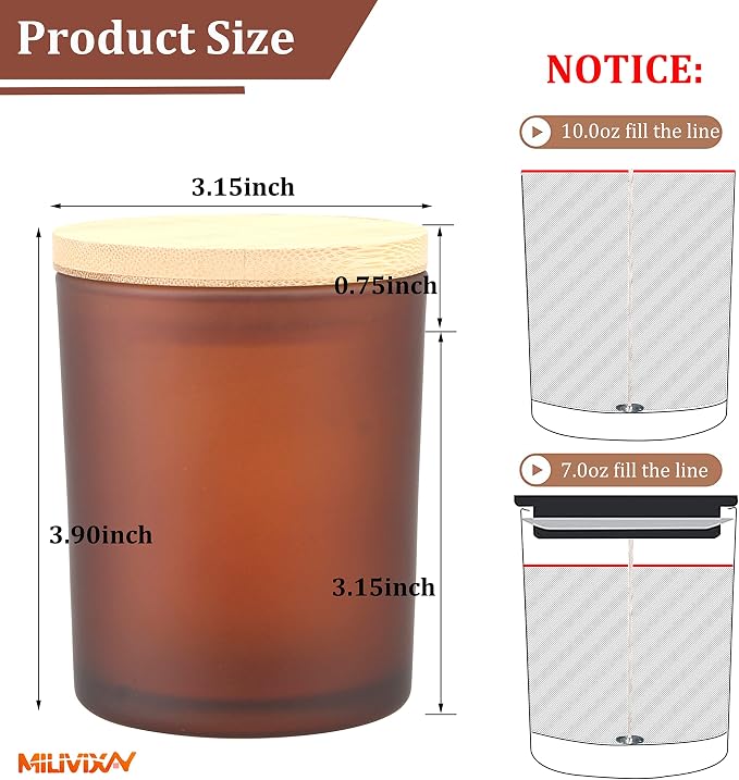MILIVIXAY 12 Pack 10 OZ Frosted Amber Thick Glass Candle Jar with Lids - Bulk Empty Candle Jars for Making Candles - Spice, Powder Containers.