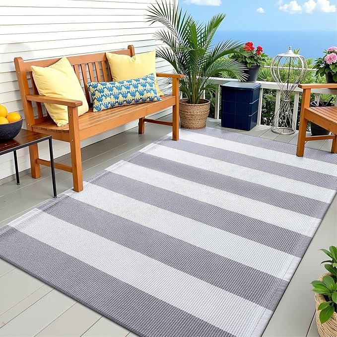OLANLY Grey and White Striped Rug 3' x 5' – Washable Cotton Indoor Outdoor Doormat for Front Door, Entryway, Kitchen, Porch, Patio Decor