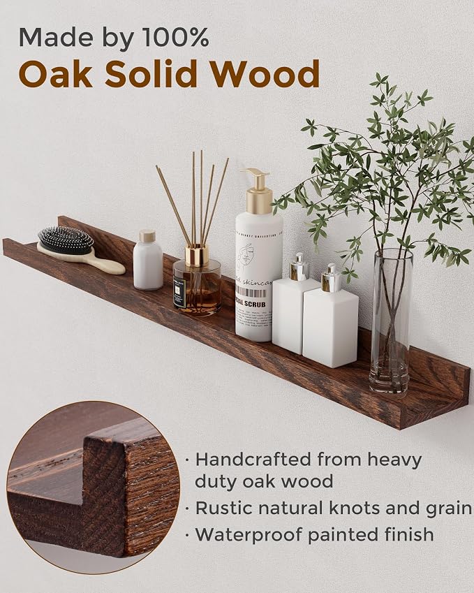 Axeman Oak Picture Ledge Shelf, 55 Inch Floating Shelves Set of 2, Solid Oak Wood Wall Shelves with Lip, Wall Decor Storage for Bedroom Living Room Bathroom Kitchen Nursery Photo Picture, Walnut