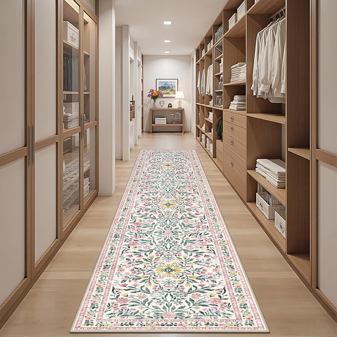 Runner Rug for Entryway: 2x5 Kitchen Rugs Non Slip Washable Ultra-Thin Soft Floral Carpet Indoor Floor Stain Resistant Carpets for Hallway Bedroom Kitchen Laundry Bathroom Dorm Pink/Green