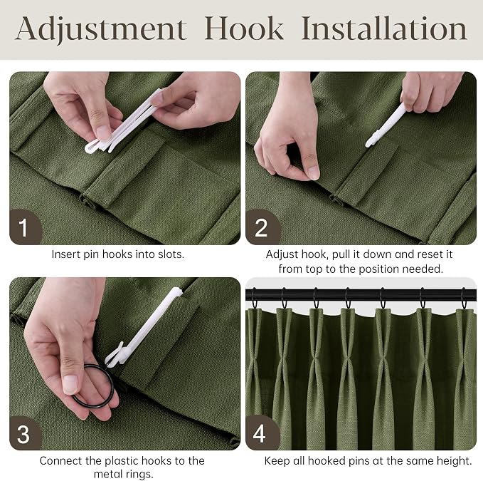 Olive Green Pleated Linen Curtains 96 Inches Long for Living Dining Room Bedroom Light Filtering Boho Window Drapes 2 Panels with Hooks Rings Clips Sliding Glass Door Semi Sheer Curtain Pinch Pleat