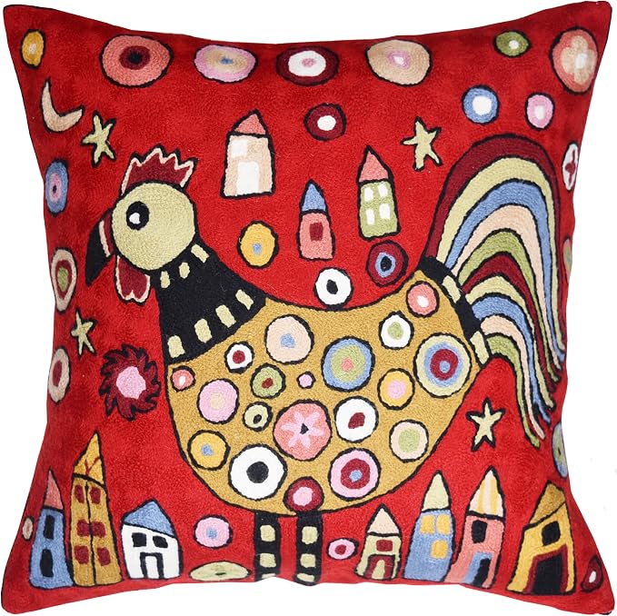 Red Rooster Throw Pillow Cover Karla Gerard Floral Pillowcase Floral Chair Cushion Flower Couch Pillowsham Red Farmhouse Pillow Hand Embroidered Cushions Wool Size 18x18