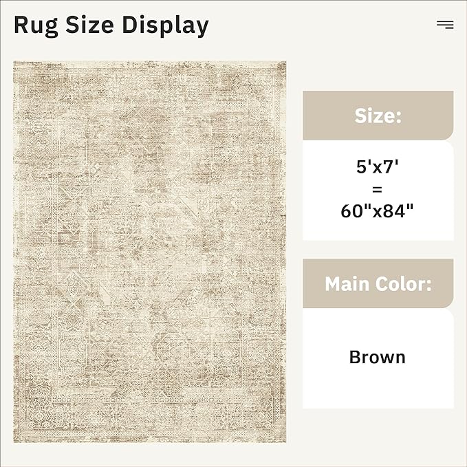 Soalmost 5x7 Area Rugs Brown Low Pile Indoor Washable Trendy Faded Style Floral Rugs for Bedroom Living Room Dining Room Foldable Non-Slip Thin Print Mat