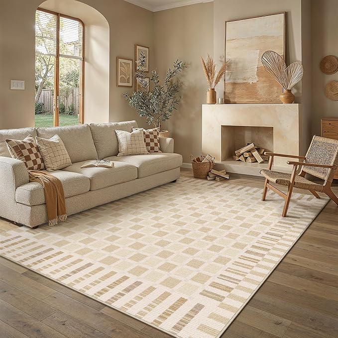 PureCozy Machine Washable Beige 6x9 Area Rugs for Living Room Modern Soft Large Checkered Rug Non-Slip Low Pile Accent Indoor Office Carpet for Bedroom Dining Room Nursery Classroom