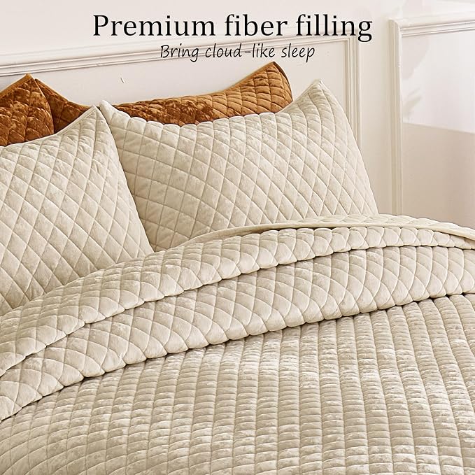 Velvet California King Quilt Size Set 106x118 Luxury Soft Bedspread Coverlet 3-Piece King Comforter Sets with 2 Pillow Shams 20x36 Super Cozy for All Seasons Velvet Bedding Set, Beige