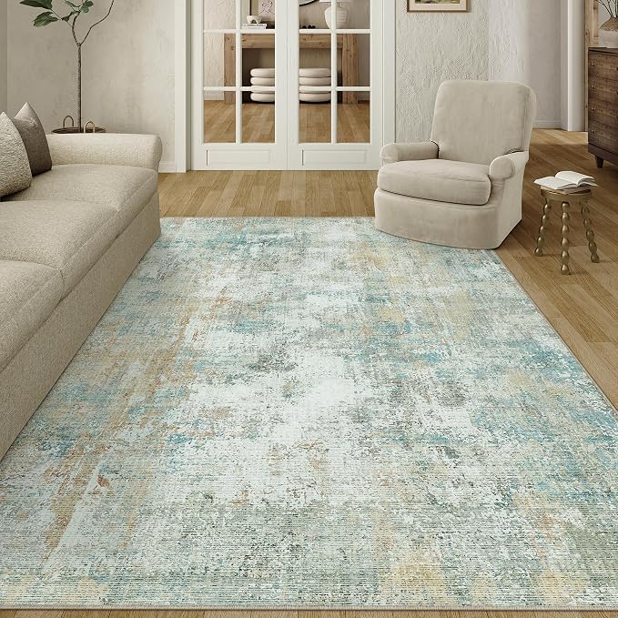 6x9 Washable Area Rug Teal Beige Abstract Non Slip Soft Low Pile Rug for Living Room Bedroom Dining Room Office Neutral Modern Indoor Throw Carpet for Home Decor