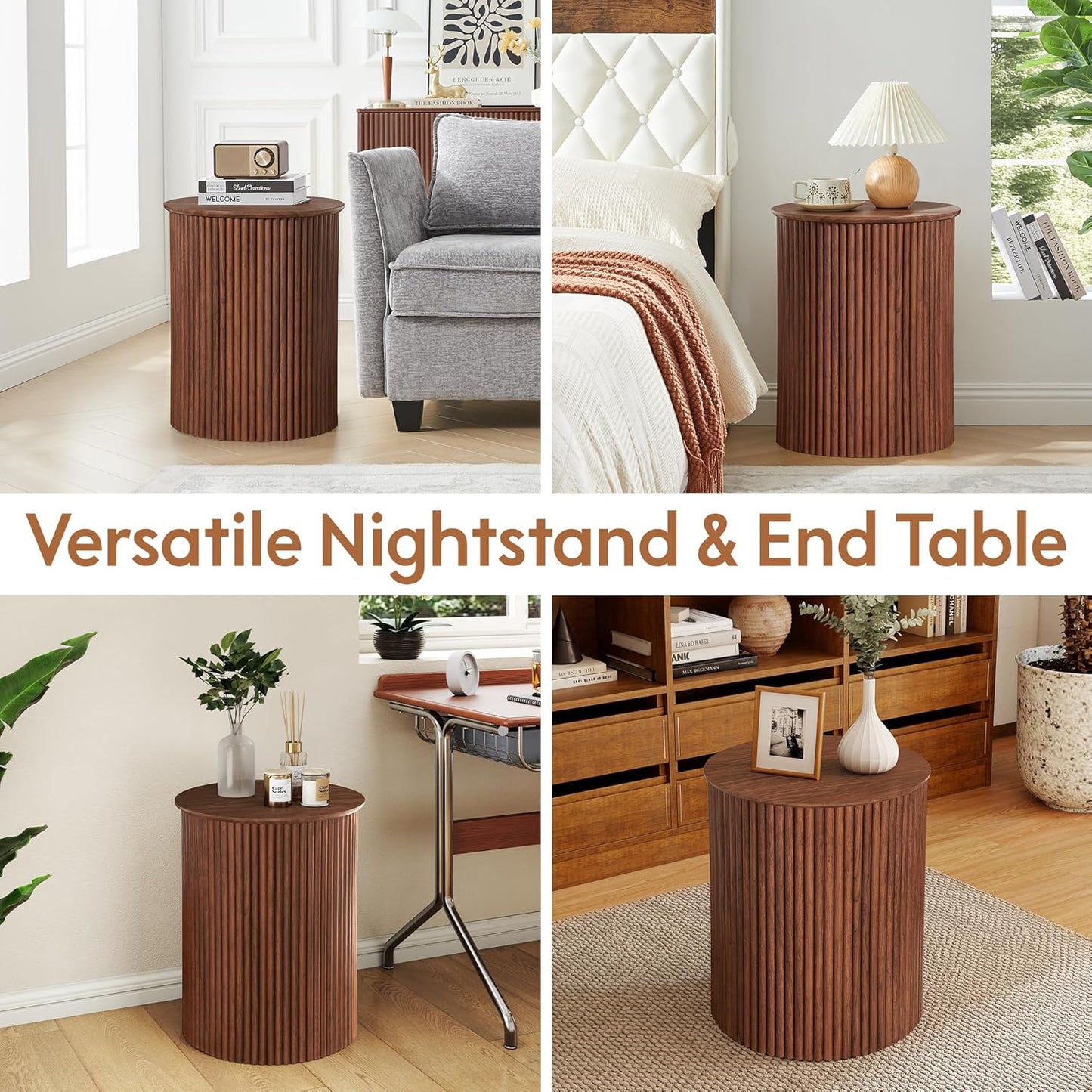 AVZEAR Small Round Side Table Fluted Night Stand Set of 2, 17.7" Mid Century Modern End Table, Circle Bedside Tables Wood Nightstands for Small Spaces, Living Room, Bedroom (Rustic Walnut)