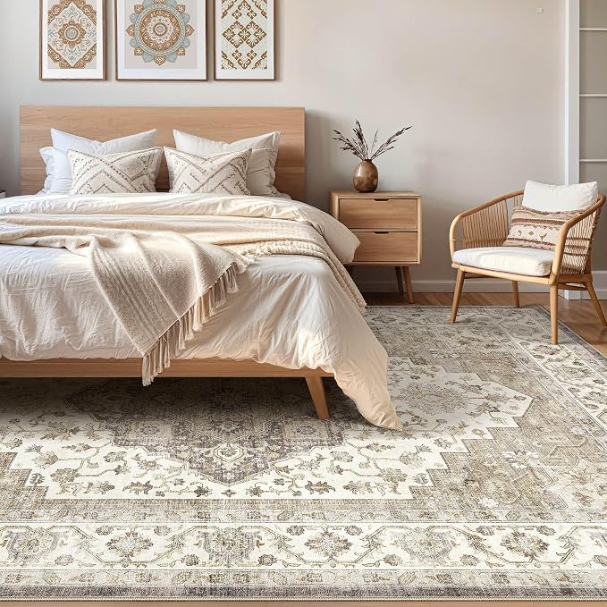6x8 Area Rug Living Room: Washable Boho Large Neutral Vintage Soft Rug Stain Resistant Farmhouse Non-Slip Indoor Floor Carpet for Bedroom Nursery Kids Playroom Office Dining Room Home- Brown Beige