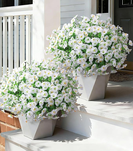 Ivydale 24 Bundles Artificial Flowers for Outdoors Spring Outside Decoration, Faux Silk Petunias White Fake Flowers Bulk Realistic UV Resistant Plants for Outdoor Planters Porch Patio Garden Yard Home