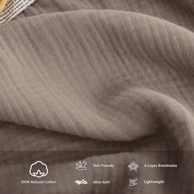 FOSSA Muslin Blanket: 4-Layer 100% Cotton Gauze Blanket with Fringe 98"x98" | Super Soft Breathable Lightweight All Season & Decorative Blanket or Bed, Sofa, Office (Pale Brown, Oversize Queen )