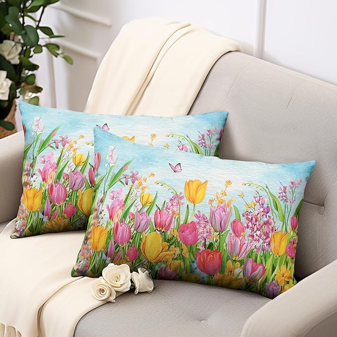 Tulip Lumbar Pillow Covers 12x20 Set of 2 Spring Throw Pillow Covers Pink Yellow Tulip Floral Outdoor Pillowcase Watercolor Cotton Linen Cushion Case for Sofa Outdoor Patio