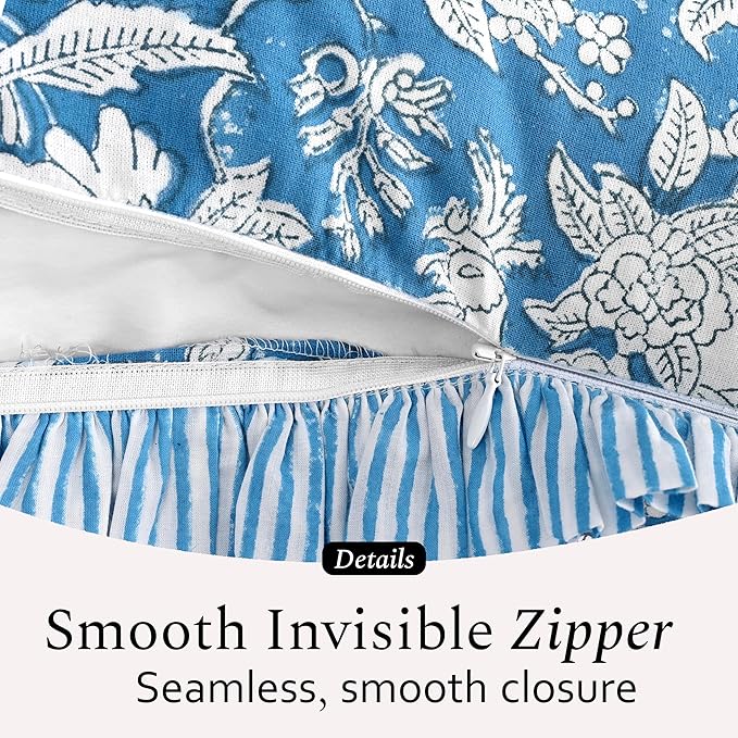 CPC Block Print Ruffle Throw Cover Blue Sapphire 24"x24" Inch Pack of 2-100% Cotton Ruffle Couch Decorative Boho Pillows Case for Living Room, Bedroom, Sofa, Farmhouse Gift for Spring, Mother's Day