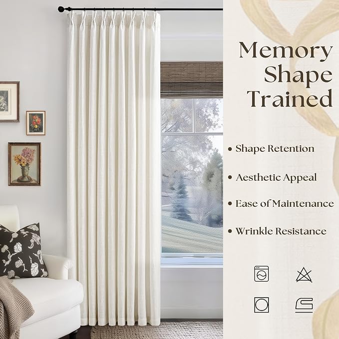 60 Inch Width Curtains 90 Inches Long Linen Curtains Pinch Pleated for Living Room Bedroom Natural Cream Non See Through Back Tab Hooks Rings Pinch Pleat 90 Inch Length Drape Patio Glass Door 1 Panel