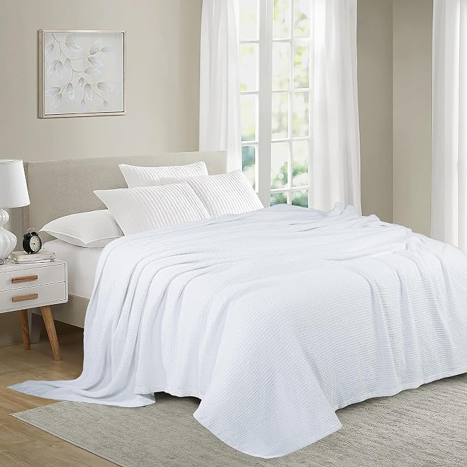 TreeWool Premium 100% Cotton Waffle Summer King Blanket (90"x108", White) | 420 GSM Breathable Lightweight Moisture Wicking Soft Knit Thermal Blanket for Bed or Sofa All-season Comfort Machine Washable