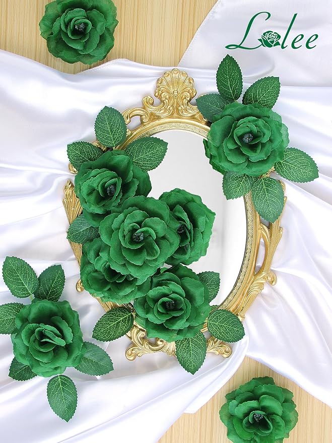 LELEE Rose Head Flowers with Stem - 108pcs Emerald Green Rose Artificial Flowers Bulk - Silk Roses Fake Flower for Wedding Bouquet Party Home Decor DIY Centerpieces Tables St Patrick's Day Decoration