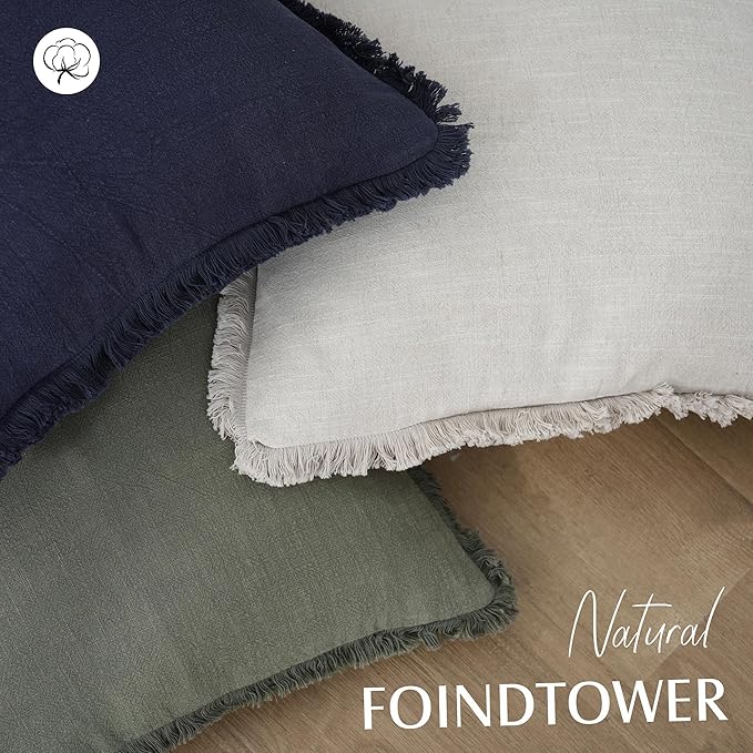 Foindtower Set of 2 Decorative Linen Fringe Throw Pillow Covers Cozy Boho Farmhouse Cushion Cover with Tassels Soft Accent Pillowcase for Couch Sofa Bed Living Room Home Decor,18×18 Inch,Olive Green