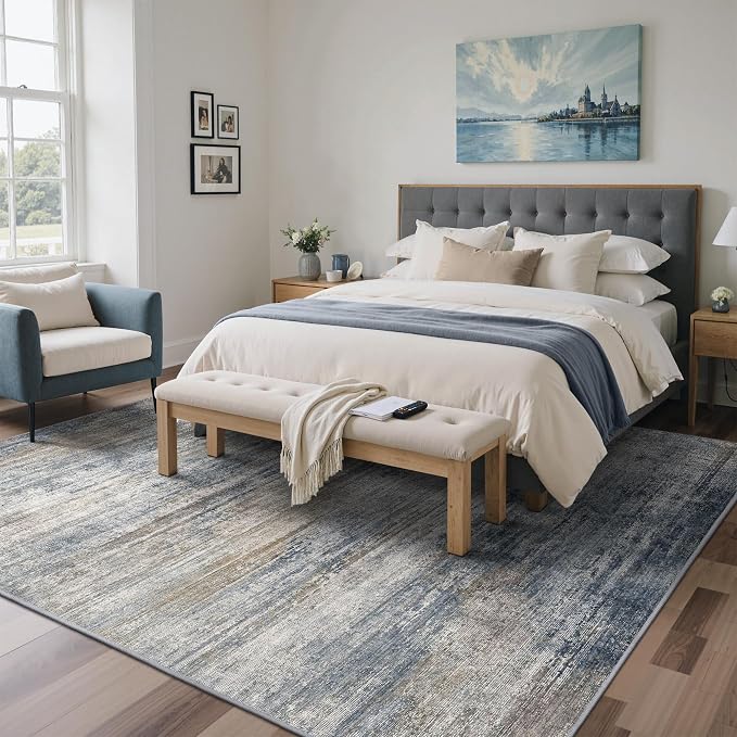 BEIMO Area Rugs 8x10 for Living Room Bedroom, Modern Abstract Machine Washable Rug, Large Soft Low Pile Floor Carpet with Non Slip Backing for Dining Room, Denim Blue/Taupe