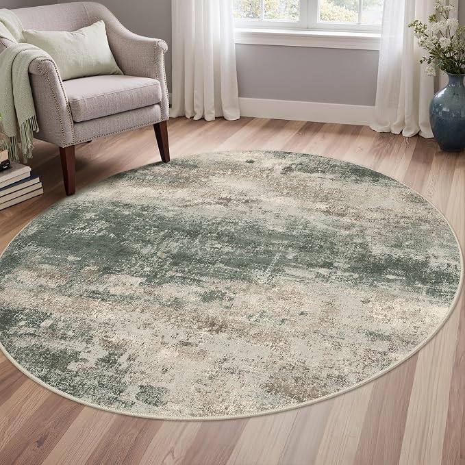 BEIMO Round Rugs 5FT for Living Room Bedroom, Modern Abstract Machine Washable Circle Rug, Soft Low Pile Floor Cover with Non Slip Backing for Dining Room, Grey/Dark Green
