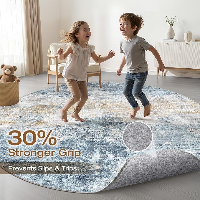 7ft Round Rug Living Room: 7x7 Washable Large Neutral Circle Area Rug Abstract Soft Modern Stain Resistant Indoor Floor Non-Slip Carpet for Bedroom Nursery Kids Office Playroom Dining Room- Blue Gold