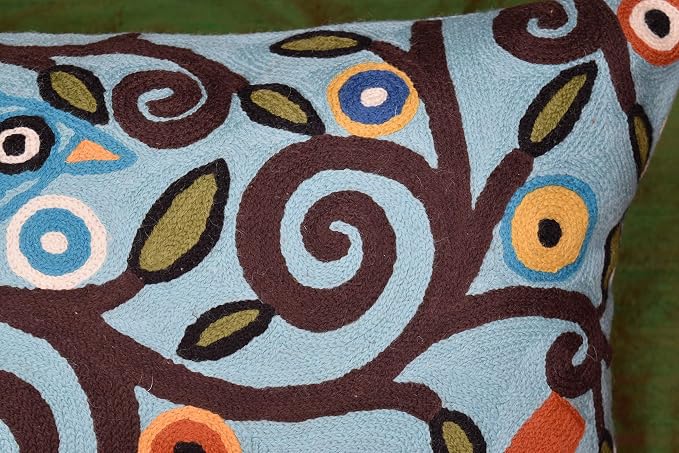 Lumbar Cushion Cover Hand Embroidered Wool 13x21 (Blue Birds Lumbar Pillow Cover)