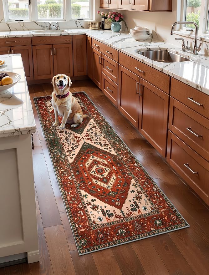 SERISSA Boho Washable Runner Rug, 2x5 Rug Runner Non-Slip Vintage Terracotta Green Hallway Kitchen Runner Rug Ultra Soft Print Distressed Floor Carpet Runner for Bedroom Laundry Living Room