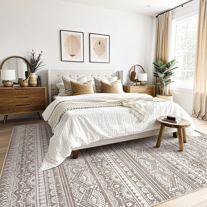 Tortania Area Rug Living Room Rugs - 8x10 Washable Large Soft Neutral Boho Moroccan Bohemian Farmhouse Rug Indoor Floor Carpet for Bedroom Under Dining Table Home Office Decor - Dark Brown