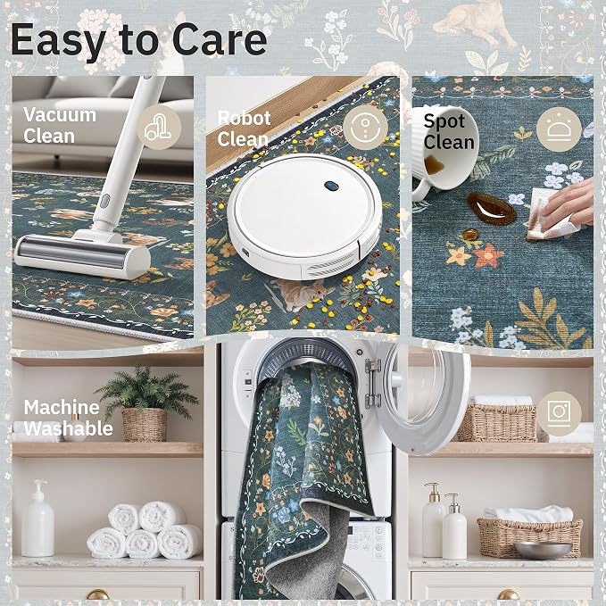 Soalmost Dog 8x10 Area Rugs for Living Room, Machine Washable Animal Floral Vintage Rug Non-Slip Low Pile Soft Throw Large Rugs for Classroom Bedroom Dining Room Nursery Playroom (8 x 10,Navy Blue)