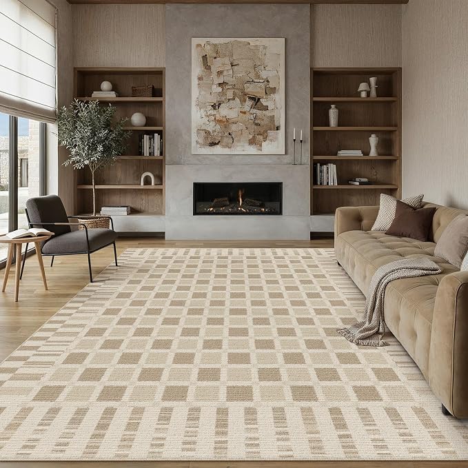 PureCozy Machine Washable Brown 6x9 Area Rugs for Living Room Modern Soft Large Checkered Rug Non-Slip Low Pile Accent Indoor Office Carpet for Bedroom Dining Room Nursery Classroom