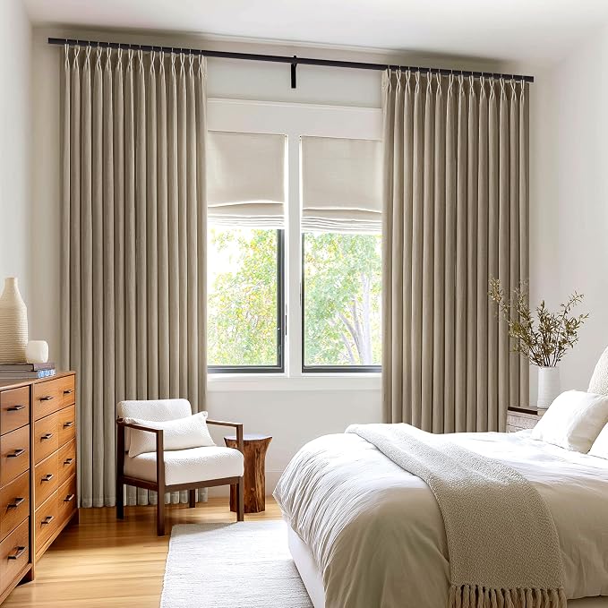 Brown Pinch Pleated Linen Curtains 84 Inch Length for Living Room Bedroom Semi Sheer Pleat Drapes with Hooks Rings Back Tab Neutral Light Filtering Privacy Dutch Cocoa Window Curtain 84 Inches Long