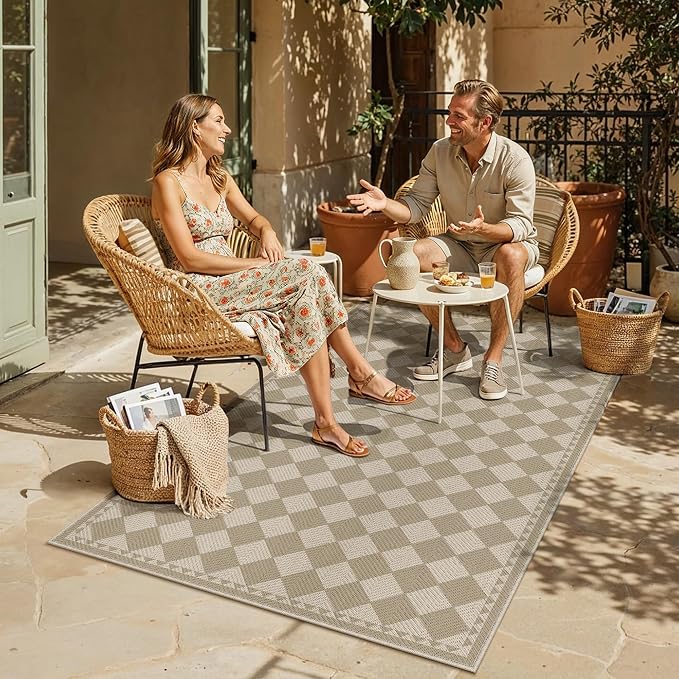 HUGEAR 4x6 Outdoor Rug Brown/Beige Linen-Look Fabric Checkered Area Rug High Traffic Stain Resistant Easy Clean Durable Rugs for Indoor/Outdoor Patio Deck Balcony Porch Garden Courtyard