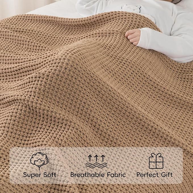 Bunnikins & Clover Beige Throw Blanket for Couch, Knitted Beige Throw for Bed, Neutral Throw Blankets Tan Blanket for Room Decor Housewarming Gifts, 60"x80"
