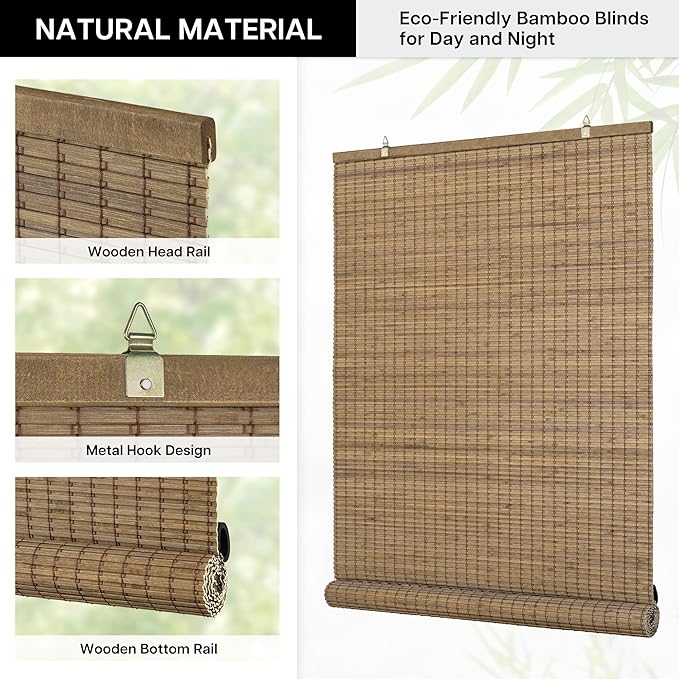 LazBlinds Cordless Bamboo Blinds, Bamboo Roll Up Shades for Windows, Privacy Hanging Window Blinds, Shades for Patio Indoor/Outdoor Porch, 32" W x 64" H, Highfield Teak