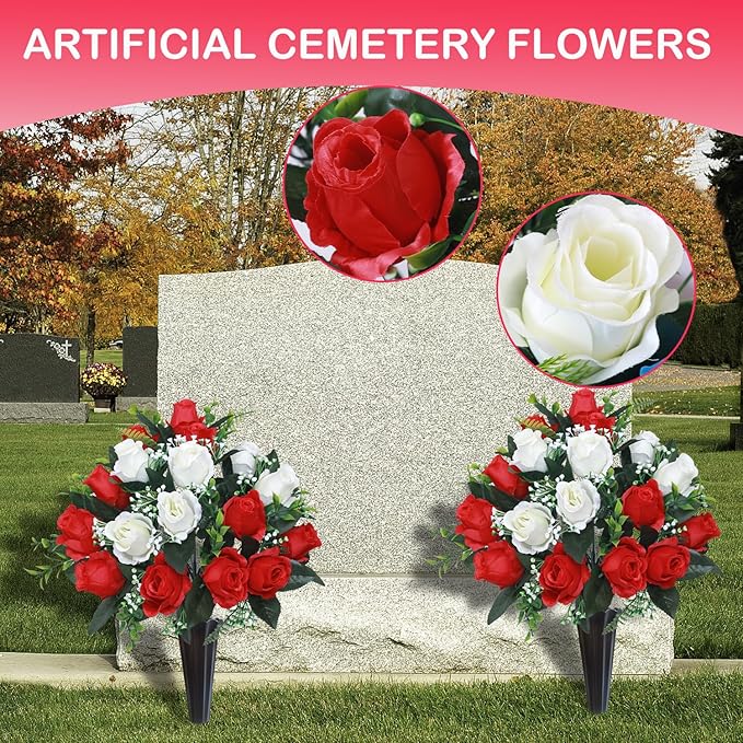 Lodou Set of 2 Artificial Cemetery Flowers, Memorial Flowers Bouquet,Grave Memorial Flowers with Vase for Cemetery Headstones Decoration (Red White)