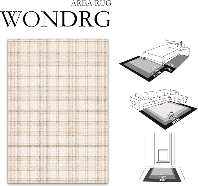 2'6x10 Beige Runner Rug for Kitchen Machine Washable Low Pile Checkered Carpet Modern Accent Soft Non Slip Long Rug for Bathroom Bedroom Nursery Indoor