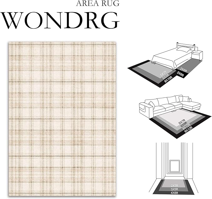 3x5 Beige Area Rug for Entryway Machine Washable Low Pile Checkered Mat Modern Accent Soft Non Slip Small Carpet for Entrance Bathroom Bedroom Indoor