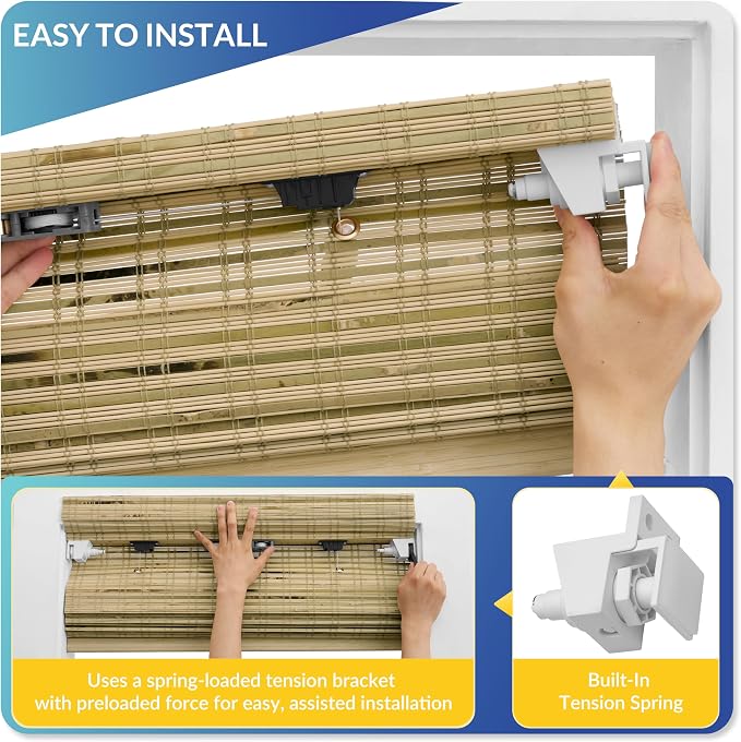 No Drill No Tools Bamboo Roman Shades, Cordless Light Filtering Window Blinds with Valance, Natural Woven Wood Shades for Living Room Dining Room,Stripped Raw Bamboo（Sheer-View）, 35"W x 48"H