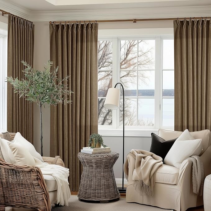 TWODRAPES 60 Inch Width Curtains 92 Inches Long Linen Pinch Pleated Curtains for Living Room Bedroom Semi Sheer Back Tab Hooks Rings Extra Wide Pinch Pleat Drapes for Patio Glass Dutch Cocoa 1 Panel