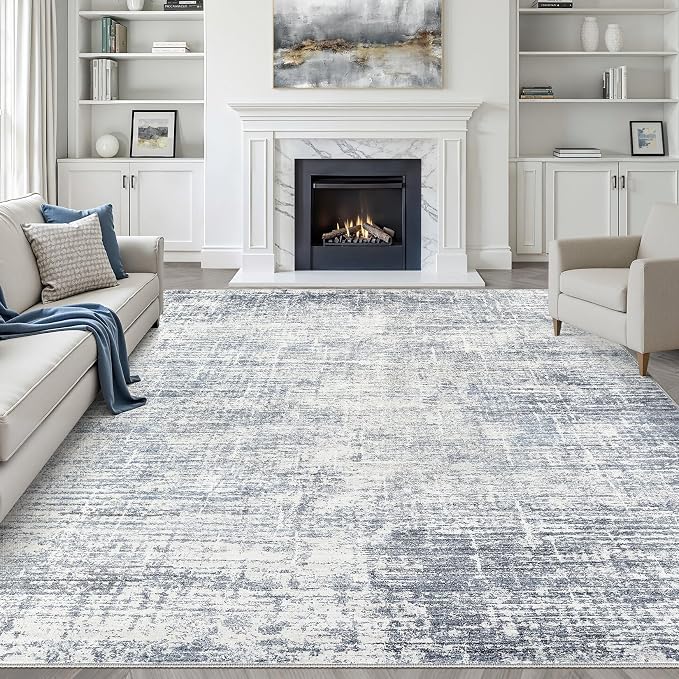 9x12 Area Rug Living Room: Washable Large Neutral Blue Rugs Abstract Soft Modern Stain Resistant Indoor Floor Non-Slip Carpet for Bedroom Nursery Kids Office Playroom Dining Room Under Table Home