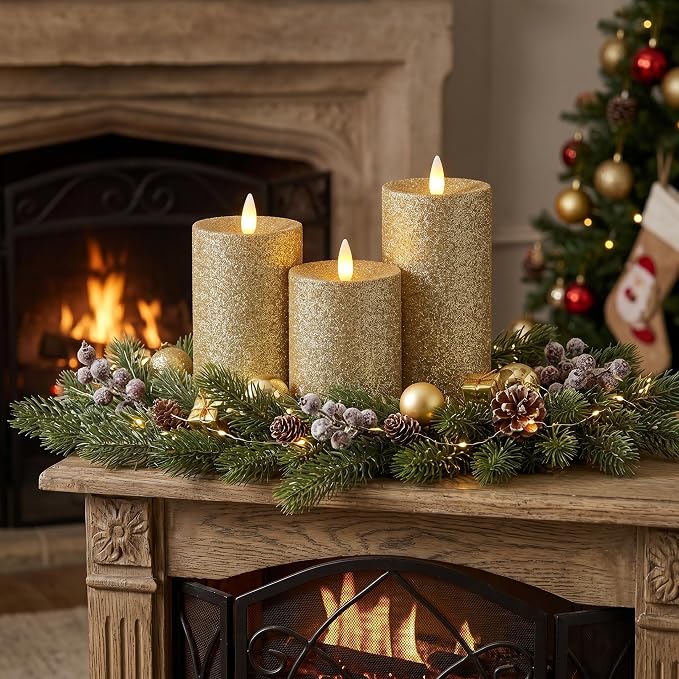 Flameless Pillar Candles Flickering with Remote Timer, Battery Operated LED Candles Up to 400 Hours, 3D Moving Flame Real Wax Candles. (Glitter Gold)