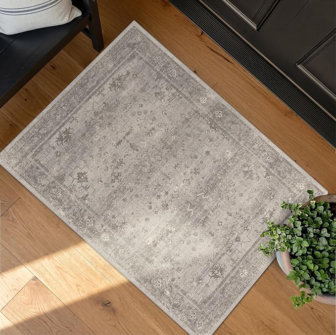 2x3 Washable Throw Rugs for Entryway, Front Door Mat, Low Pile Non-Slip Small Area Rug for Kitchen Sink, Bathroom, Powder Room & Mudroom, Beige Granite Neutral Modern Farmhouse Decor