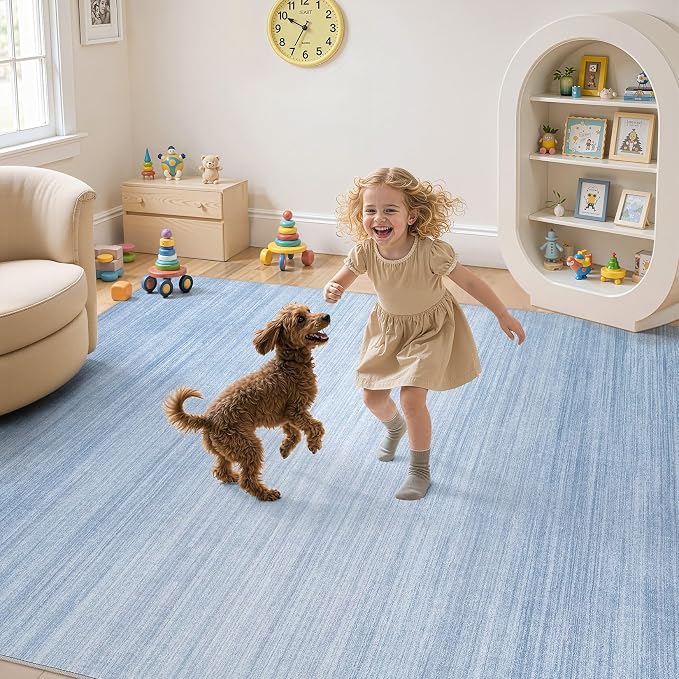 UERMEI 9x12 Washable Area Rug - Neutral Modern Abstract Living Room Rugs, Non-Slip Soft Large Indoor Floor Carpet for Bedroom Home Office & Under Dining Table Decor, Blue