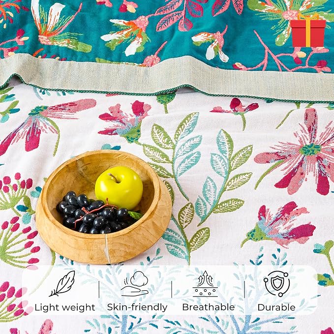 100% Cotton Boho Throw Blanket 90"x98" Oversized Reversible Botanical Summer Quilt for Queen Bed Sofa Couch 4-Layer Breathable Gauze Floral Muslin Blanket for Home Decor Gift White/Teal