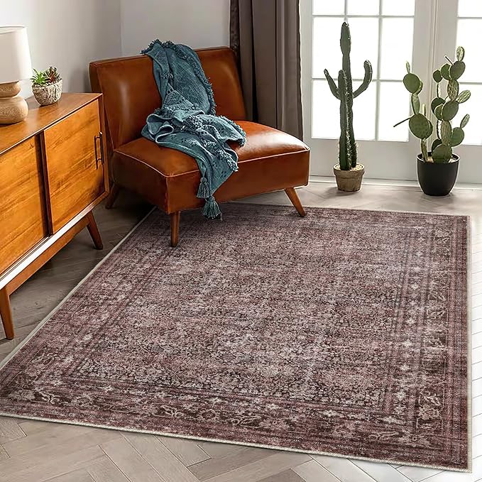 CHAMPLANT Washable Area Rug 4'x6' Traditional Floor Cover Foldable Thin Rugs Retro Kitchen Indoor Distressed Non Slip Carpet Floral Print Mat Bedroom Living Room