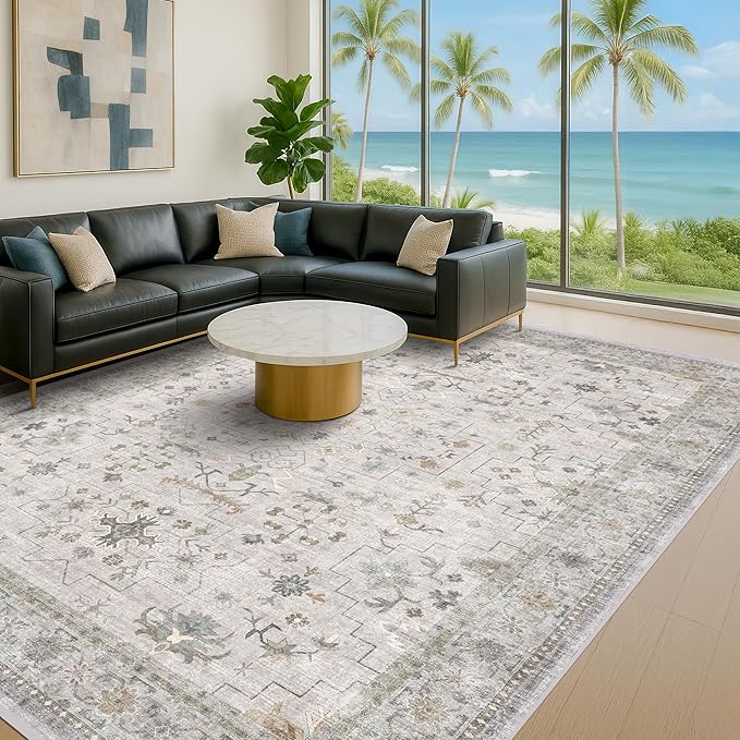 Large Light Gray & Sage 10x14 Living Room Rug - Vintage Floral Area Rug for Dining Room, Washable Low Pile Bedroom Carpet, Modern Eclectic Geometric Decor & Stain Resistance