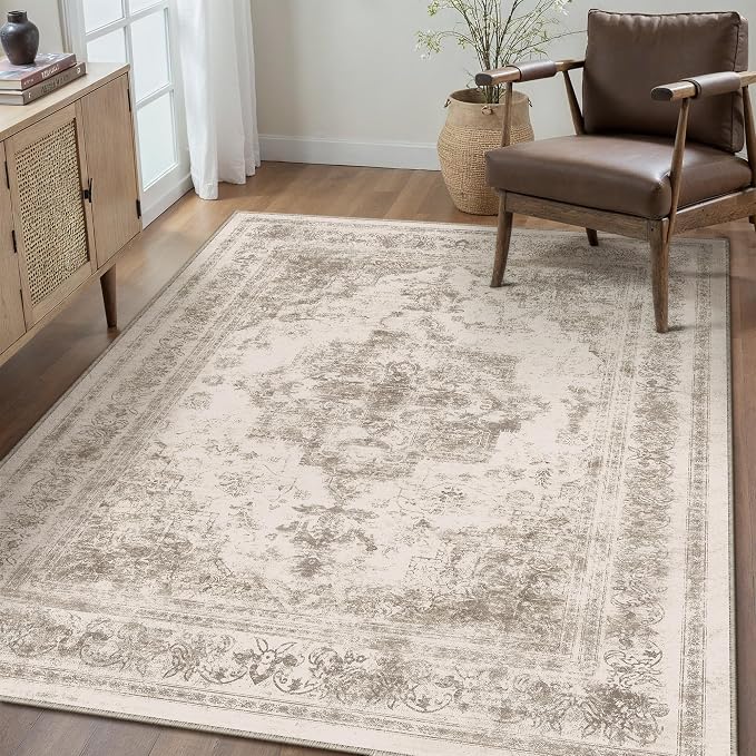 PureCozy Area Rug 3x5 Washable Taupe Rug Vintage Boho Medallion Entryway Door Mat Entrance Distressed Retro Carpet Non Slip Low Pile Small Soft for Office Kitchen Bedroom Laundry Bathroom Hallway
