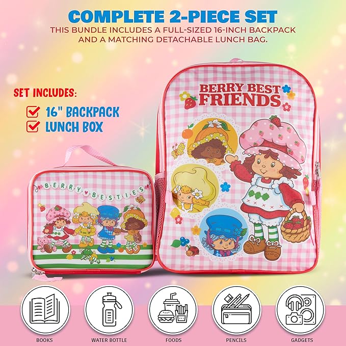 AI ACCESSORY INNOVATIONS Strawberry Shortcake 2 Piece Backpack Set for Girls, 16 Inch Berry Besties School Bag with Adjustable Padded Straps, Pink Gingham Pattern