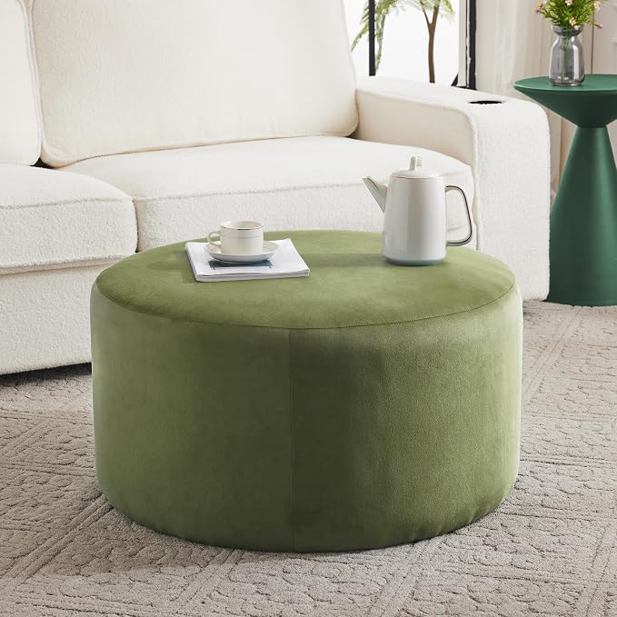 Christopher Knight Home 30"Ottoman Foot Stool Round, Velvet Pouf Footstool Ottoman Seat, Upholstery Foot Chair, Round Footrest Chair, Modern Side Table for Living Room Bedroom Home Decor, Olive Green