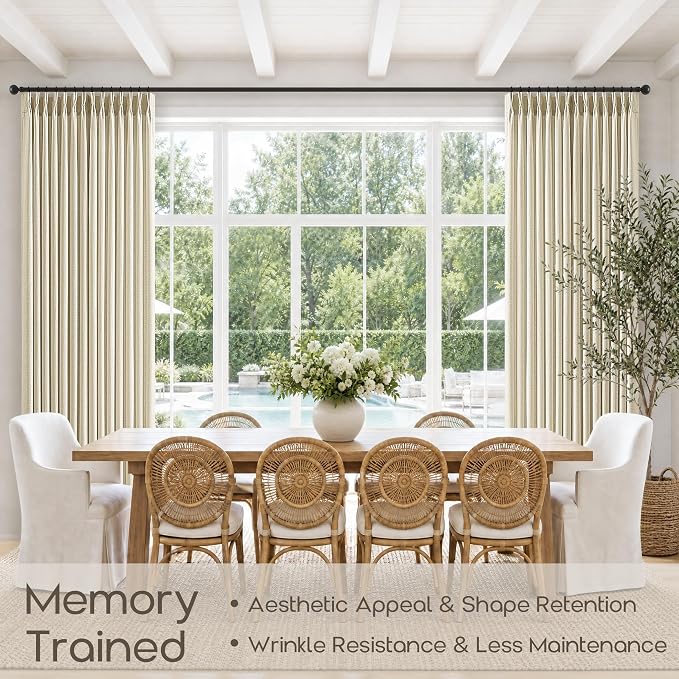 Cream Beige Pinch Pleat Curtains 105 Inches Long 2 Panels Set Memory Shaped Semi Sheer Privacy Back Tab Track Curtains with Hooks Rings Farmhouse Neutral Ceiling Floor Curtain 105 Inch Length 2 Panels
