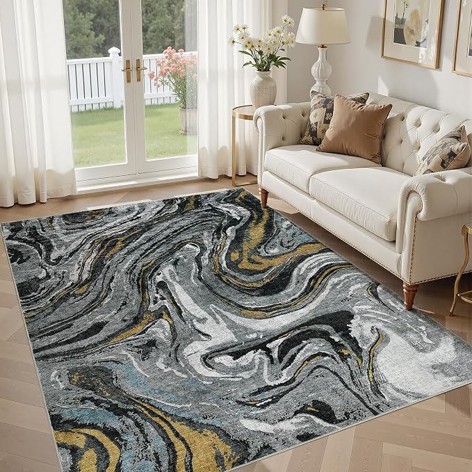 DMOYEST 7x9 Area Rug for Living Room - Washable Neutral Modern Abstract Rugs Soft Non-Slip Carpet Low Pile Indoor Floor Mat for Bedroom & Dining Room Decor for Families with Kids and Pet-Black Golden