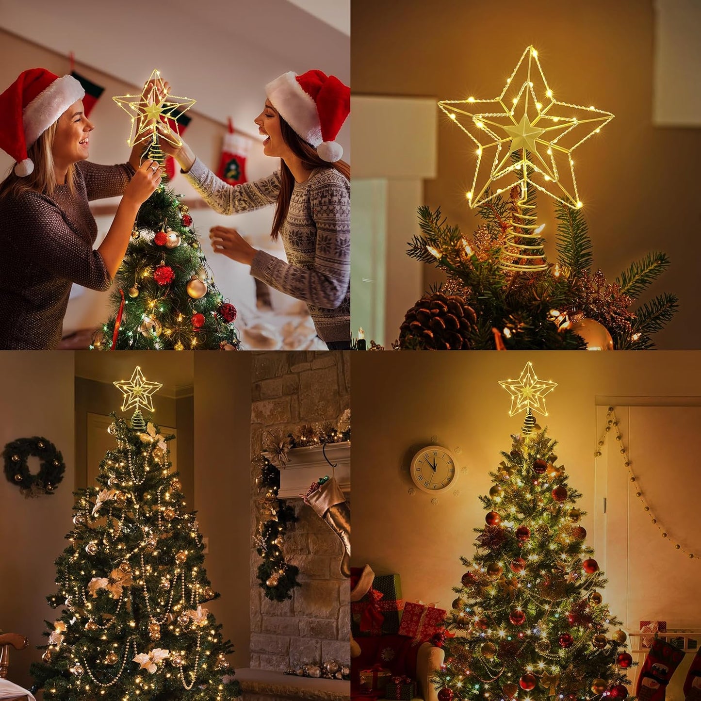 ODEERTONIC Gold Star Tree Topper, 8in Triple Layer Hollow-Out Star Tree Topper, 10 LED Warm White Christmas Tree Topper, Treetop Battery Chirstmas Tree-Top Lights for Xmas Tree Home Holiday